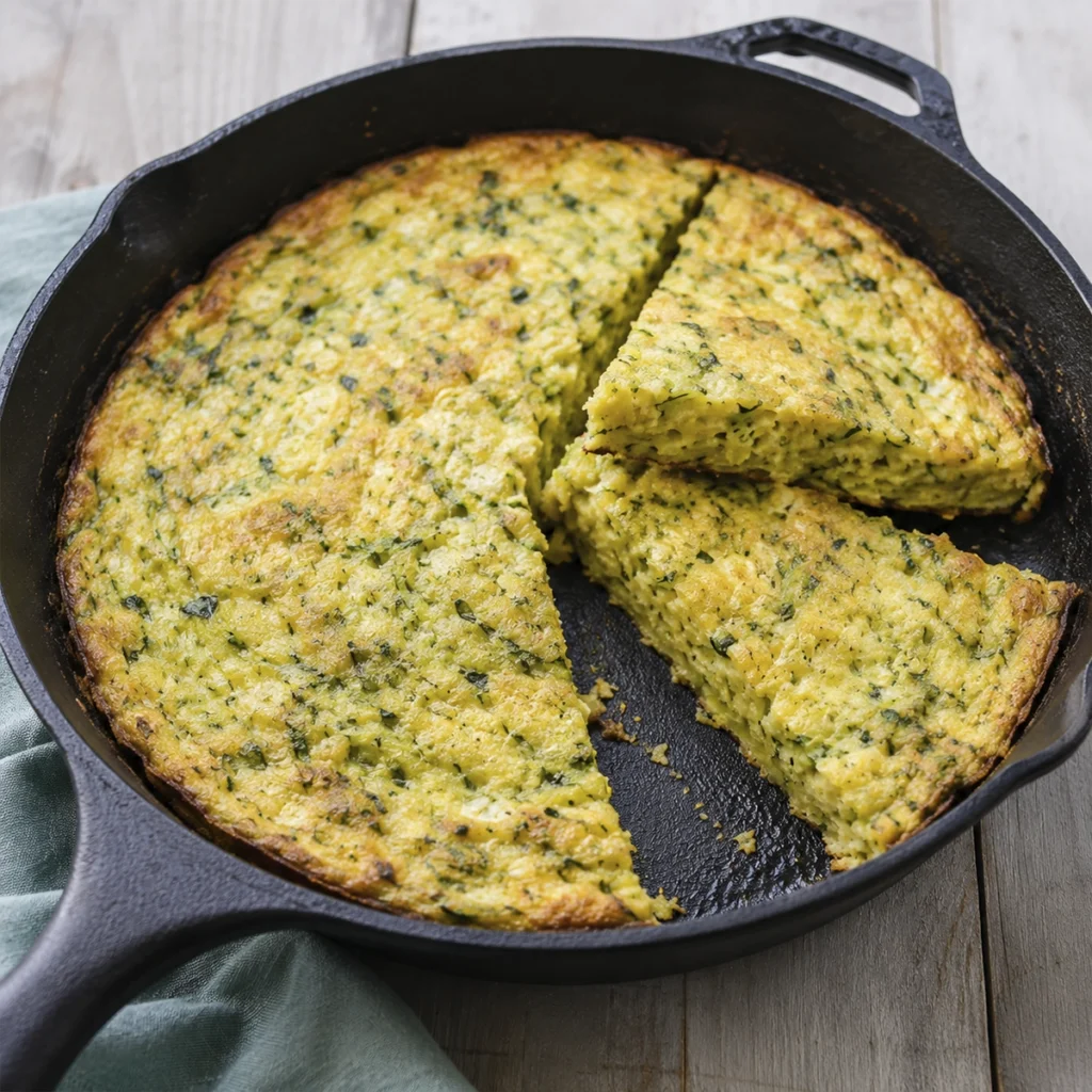 Golden zucchini cheddar frittata baked in a cast iron skillet with fresh herbs and sliced for serving
