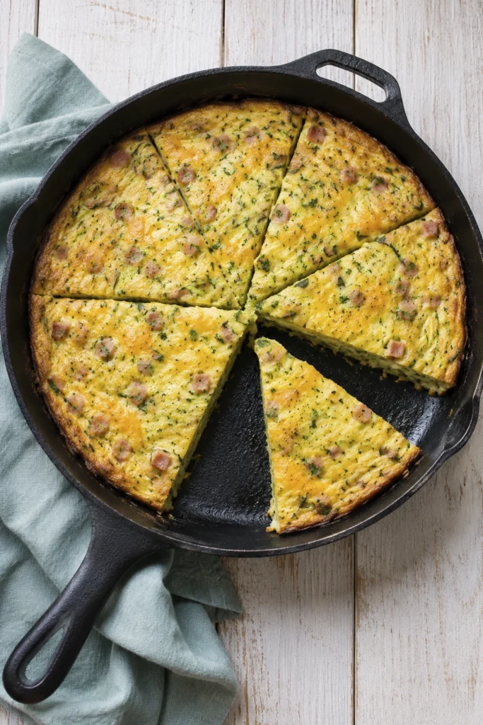 Fresh baked egg frittata with shredded zucchini, cheddar cheese, and diced ham served in a skillet