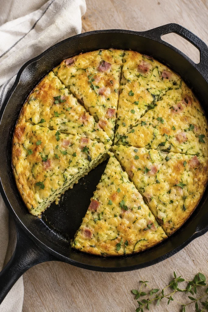 Thick slice of baked zucchini egg casserole with herbs served from a cast iron skillet