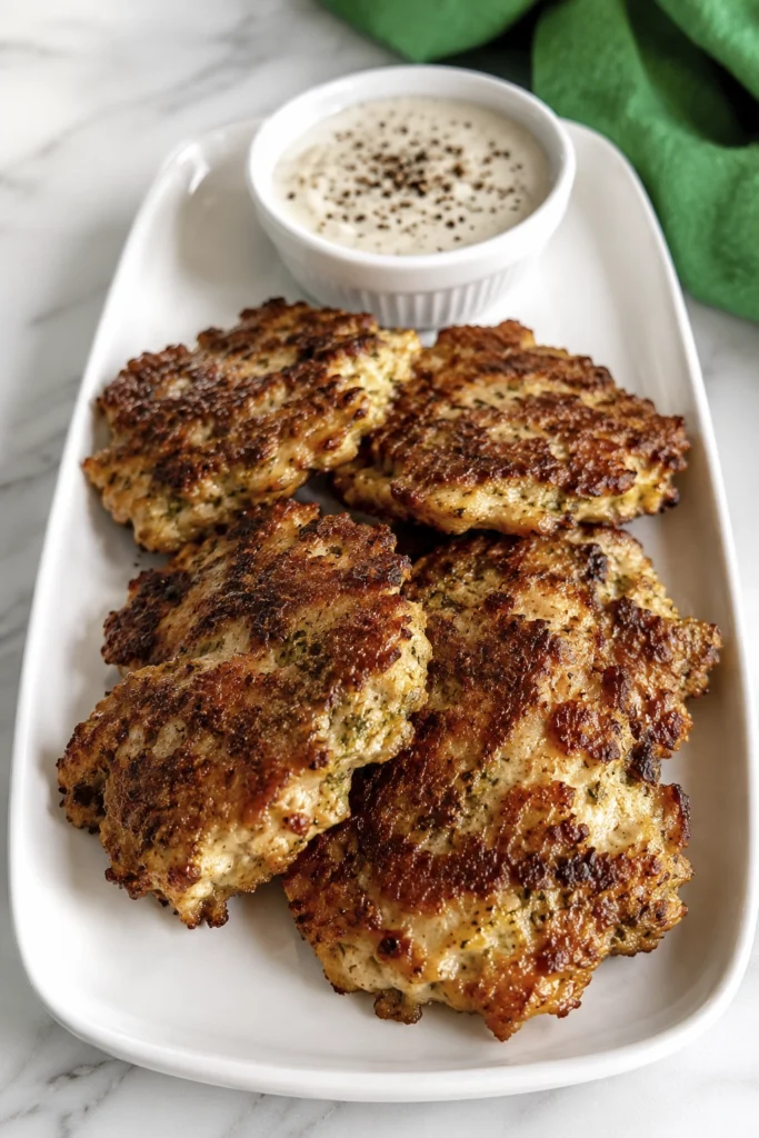 Golden-brown crispy herb-crusted chicken fritters served on a white platter with creamy garlic dipping sauce.