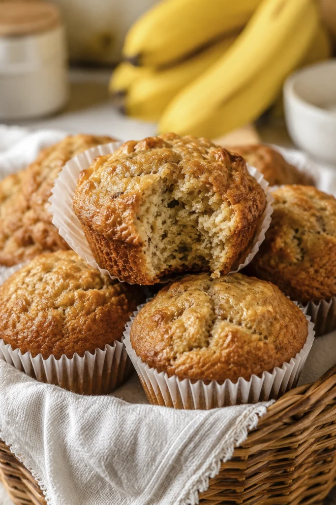 Close-up of a homemade banana muffin with a bite taken out, revealing its soft and moist interior, surrounded by freshly baked muffins.
