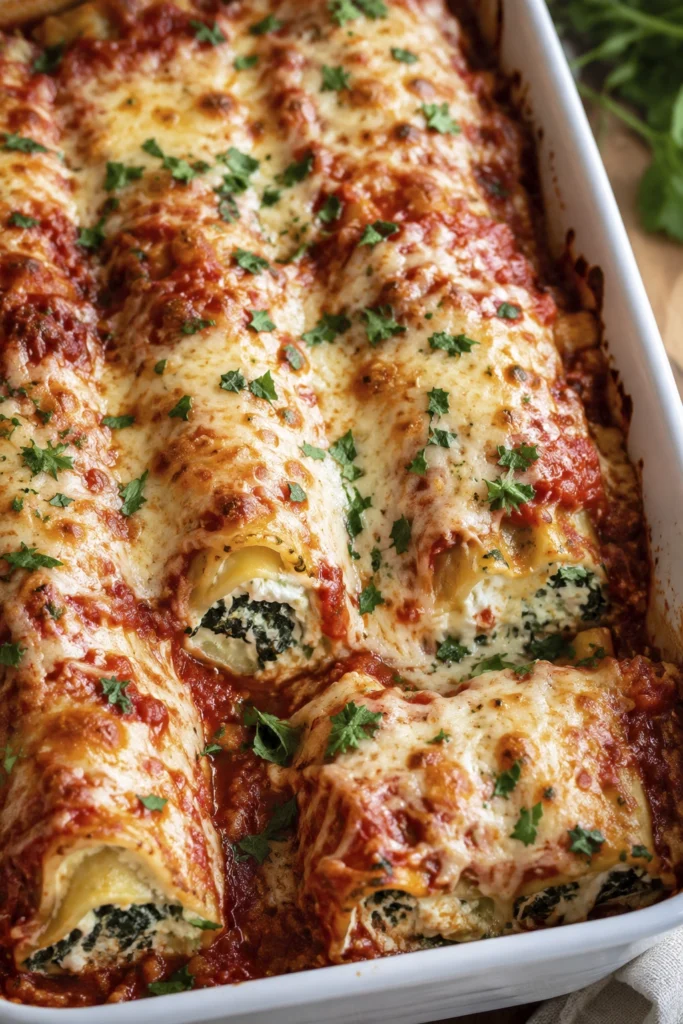Overhead view of baked spinach and ricotta manicotti in a white baking dish topped with melted mozzarella, Parmesan cheese, marinara sauce, and fresh parsley.
