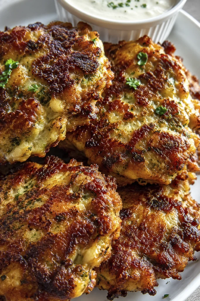 Close-up of crispy golden herb-crusted chicken fritters served on a white platter with creamy garlic dipping sauce.