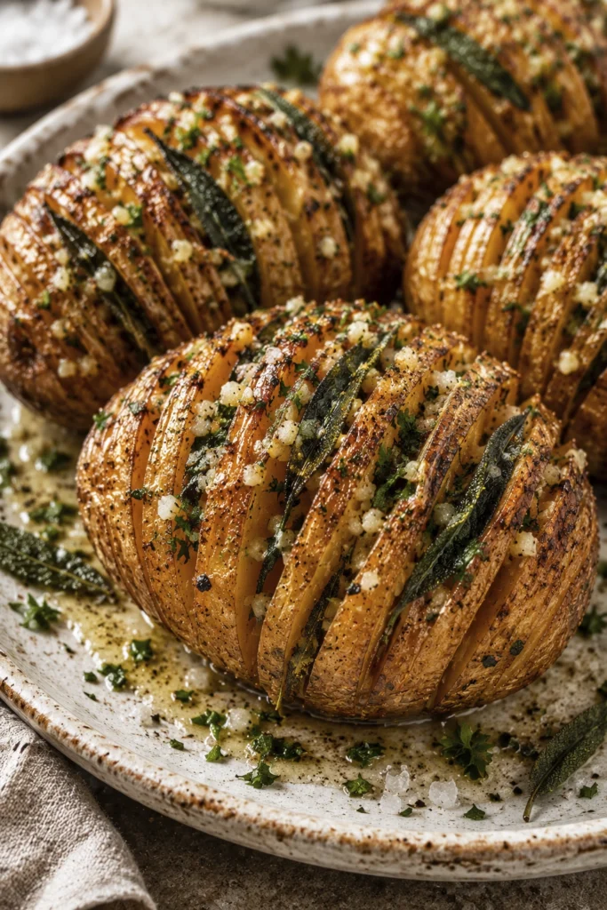 Golden crispy Hasselback potatoes topped with garlic herb butter, fresh parsley, and flaky sea salt served on a rustic ceramic platter.