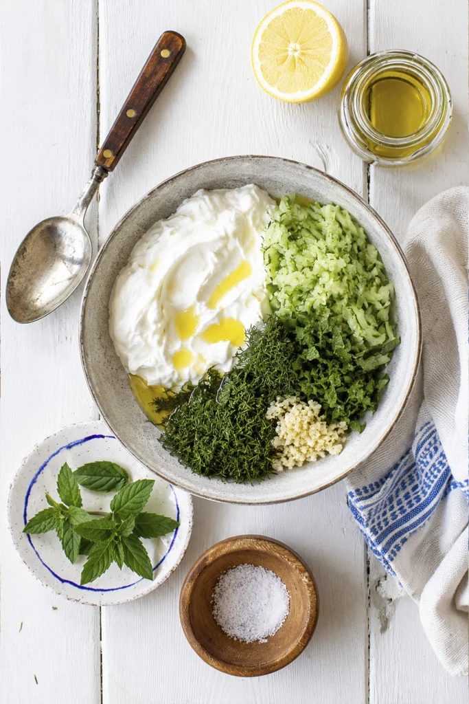 Overhead view of Greek tzatziki ingredients including Greek yogurt, grated cucumber, dill, mint, garlic, olive oil, and sea salt arranged in a mixing bowl on a white wooden table.