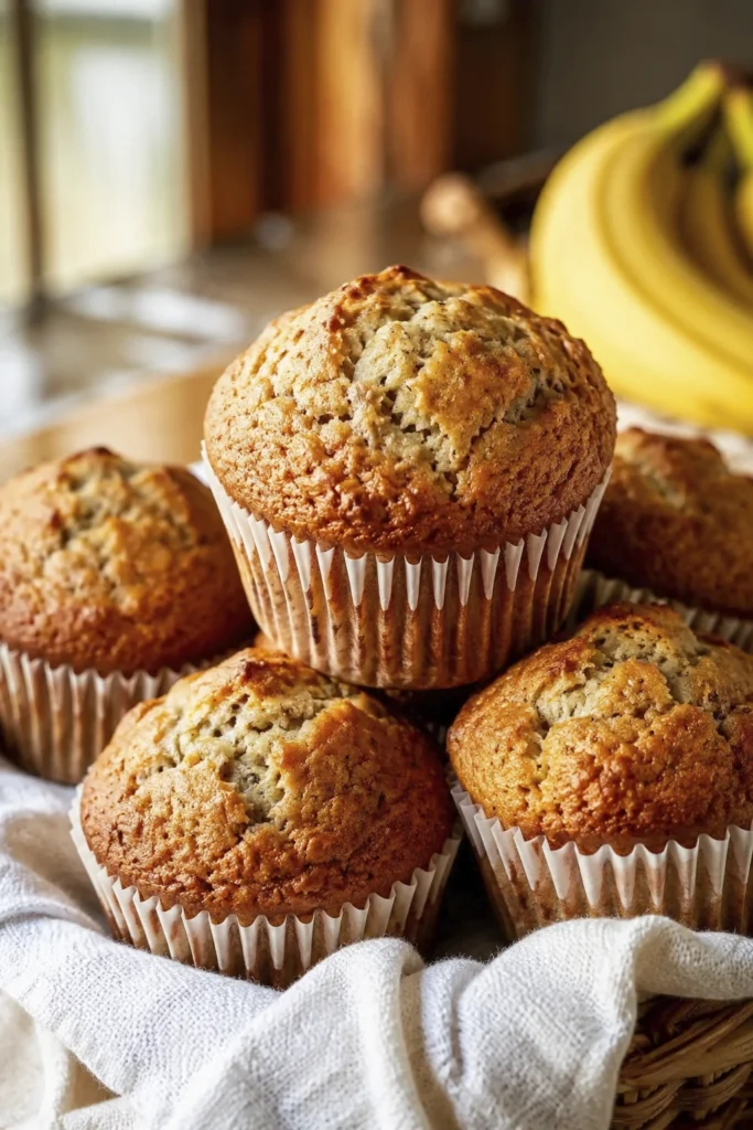 Close-up of freshly baked homemade banana muffins with golden-brown tops arranged in white paper liners inside a rustic basket.