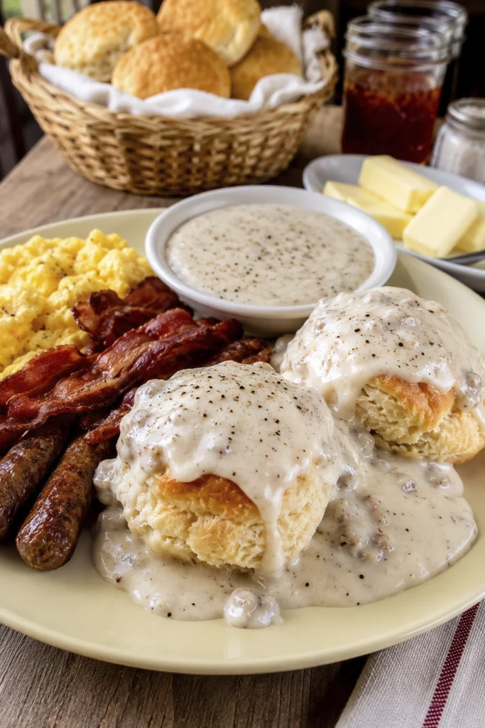 Fluffy biscuits covered in creamy pepper gravy served with scrambled eggs, bacon, and breakfast sausage.