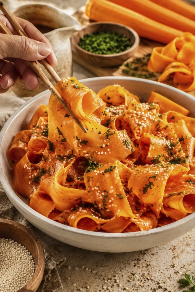 Hand lifting fresh carrot ribbon salad with chopsticks from a rustic bowl topped with sesame seeds and parsley.