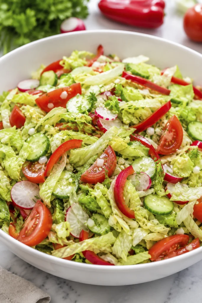 Fresh iceberg lettuce salad with cucumbers, cherry tomatoes, radishes, red bell pepper, and herbs in a white serving bowl