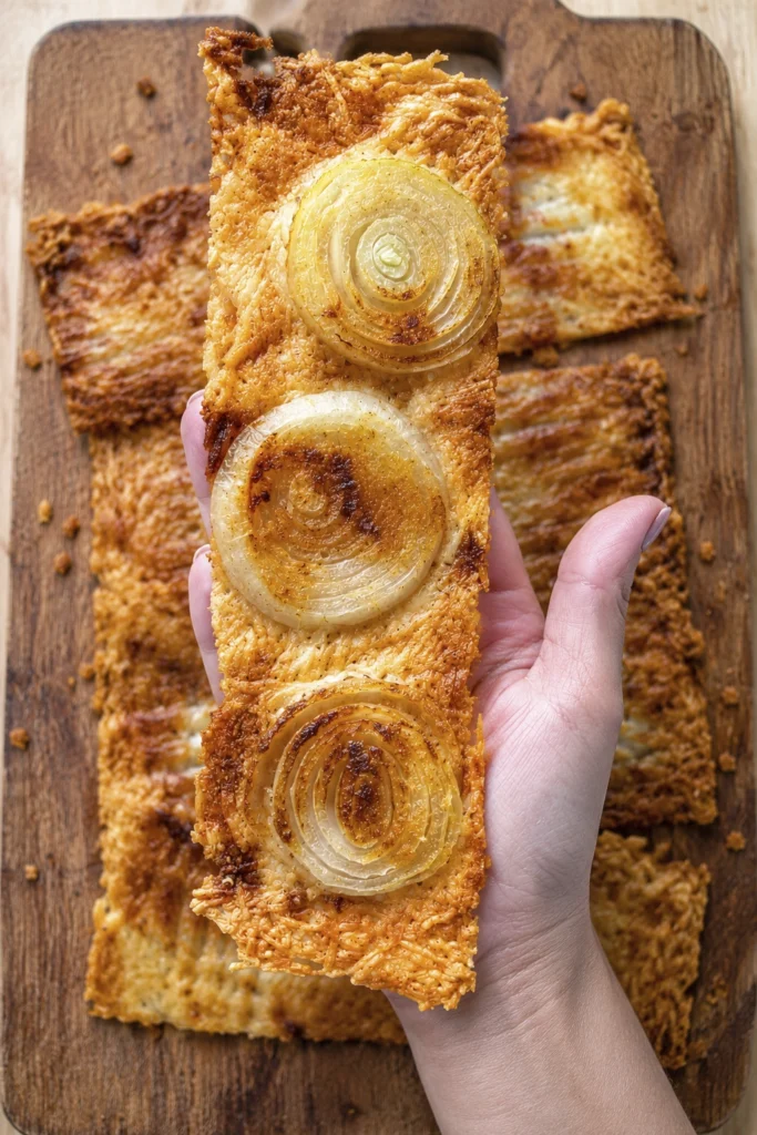 Hand holding a long crispy cheddar cheese crisp topped with three caramelized onion slices over a wooden board filled with baked cheese crisps.
