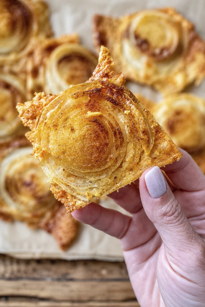 Hand holding a crispy baked cheddar cheese crisp topped with a golden caramelized onion slice, with more cheese crisps blurred in the background.