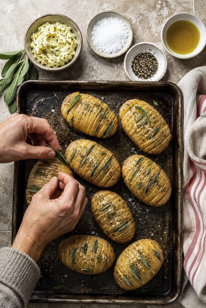 Overhead view of uncooked Hasselback potatoes stuffed with fresh sage on a baking tray with garlic butter, olive oil, sea salt, and black pepper.