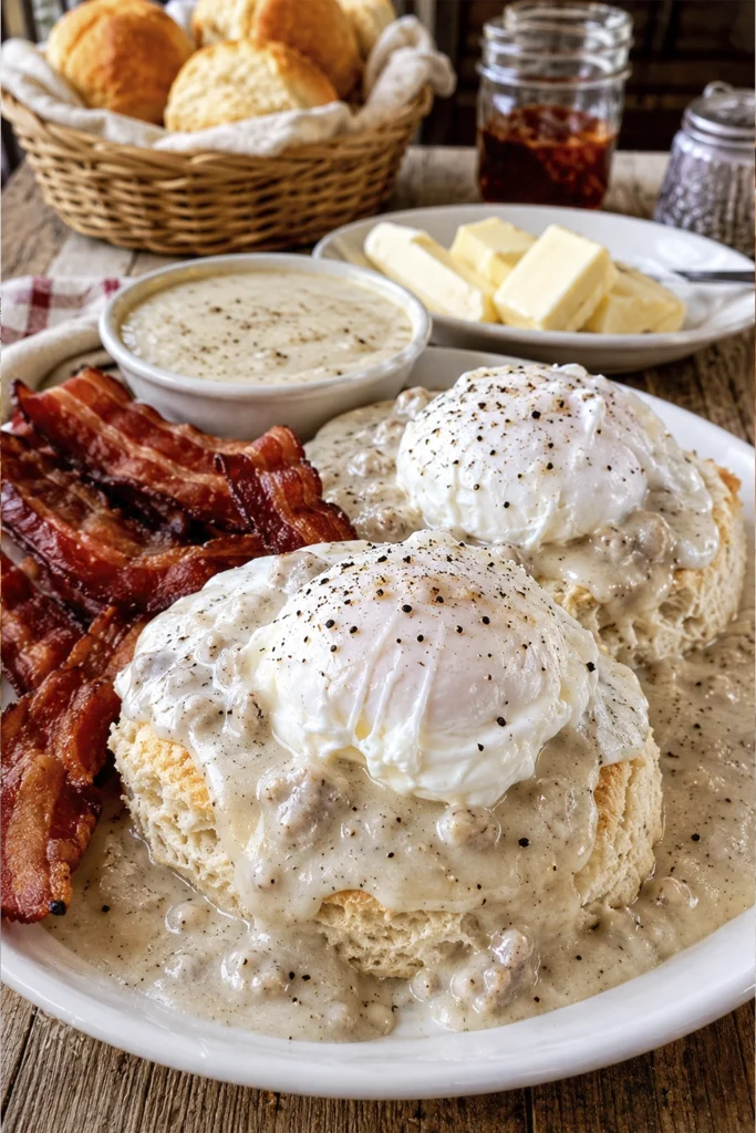 Traditional country breakfast with biscuits topped with creamy gravy, scrambled eggs, bacon, sausage, and extra gravy.