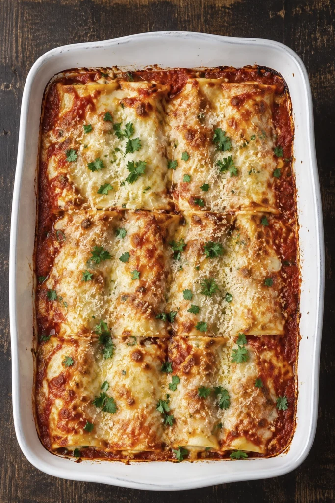 Overhead view of baked spinach and ricotta stuffed manicotti topped with melted mozzarella, Parmesan cheese, marinara sauce, and fresh parsley in a white baking dish.