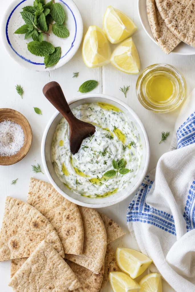 Creamy homemade Greek tzatziki dip topped with olive oil and fresh dill, served with warm pita bread, lemon wedges, mint, and Mediterranean ingredients in a bright overhead flat lay.