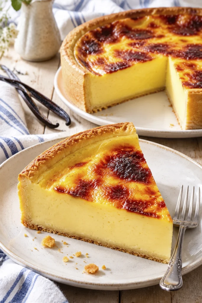 Homemade French vanilla custard tart with creamy thick filling, caramelized baked top, and crisp golden pastry crust.