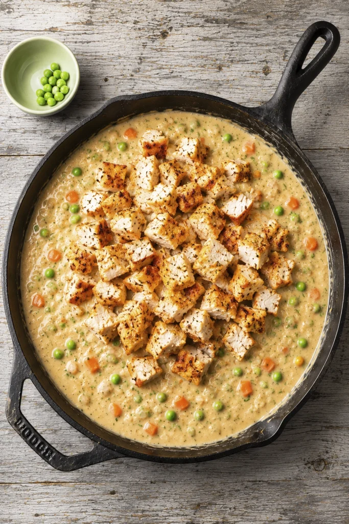 Creamy chicken pot pie filling with roasted chicken, peas, and carrots in a rustic cast iron skillet.