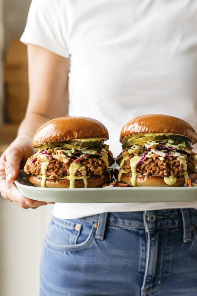 Two crispy fried chicken sandwiches with crunchy slaw, dill pickles, and creamy sauce served on a tray.