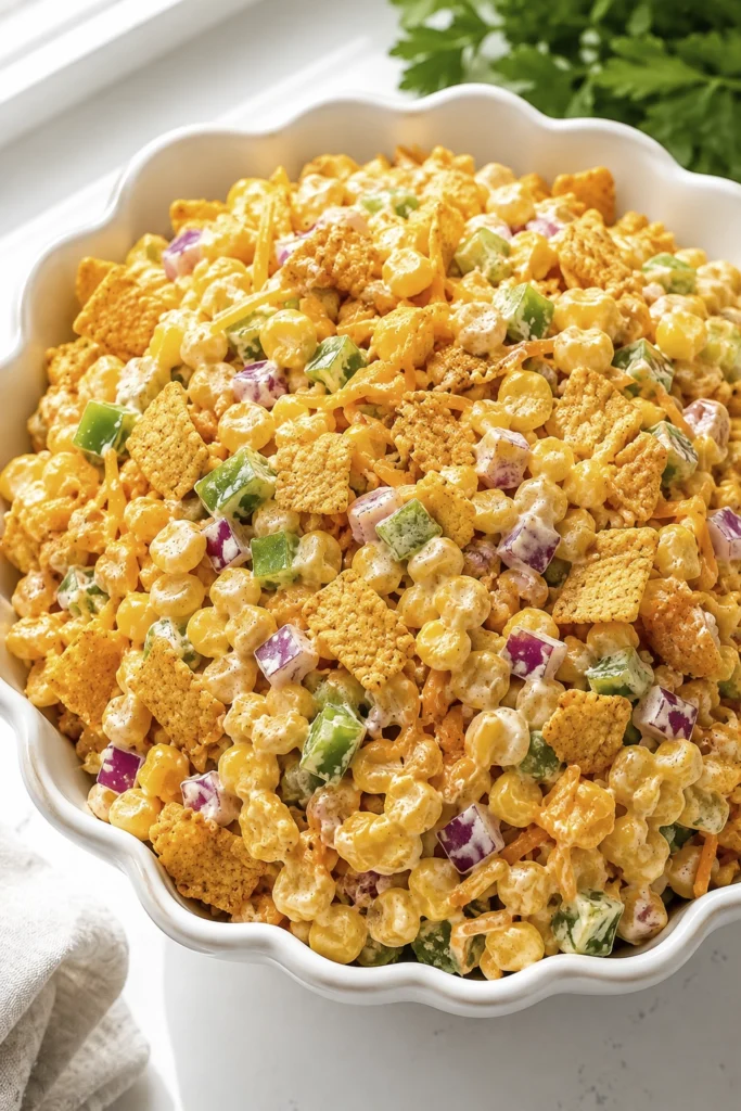 Creamy Frito Corn Salad with sweet corn, cheddar cheese, red onion, green bell pepper, and crunchy corn chips.