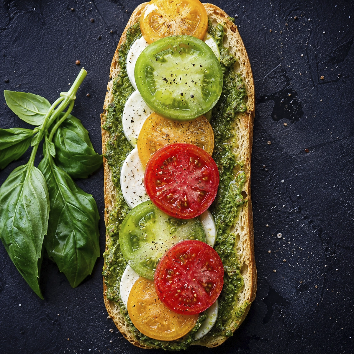 Open-faced pesto mozzarella tomato sandwich on toasted artisan baguette with colorful heirloom tomatoes and fresh basil.