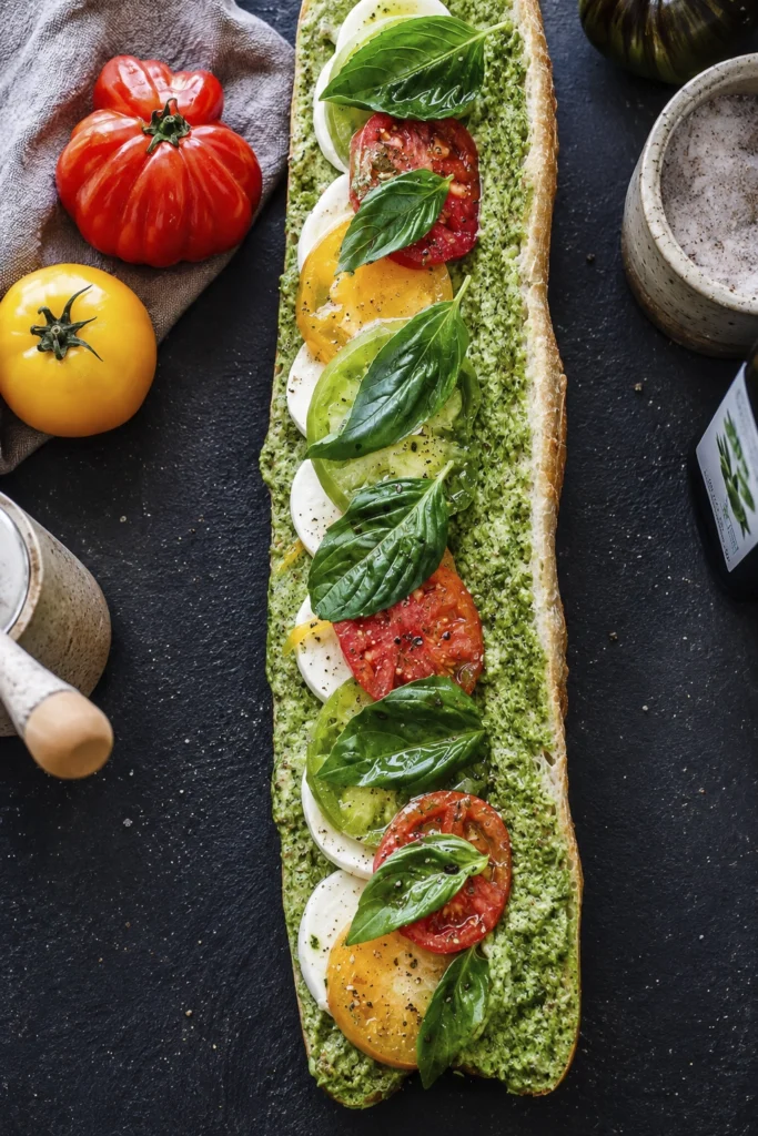 Open-faced pesto baguette topped with fresh mozzarella, heirloom tomatoes, and basil leaves on a dark slate background.