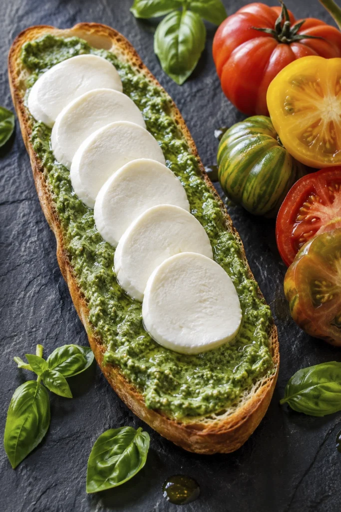 Open-faced pesto and mozzarella baguette with fresh heirloom tomatoes on a dark slate background.