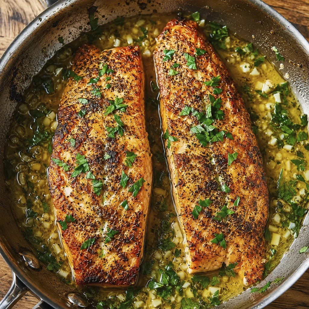 Golden pan-seared salmon fillets cooked in garlic butter sauce with fresh parsley in a rustic skillet.