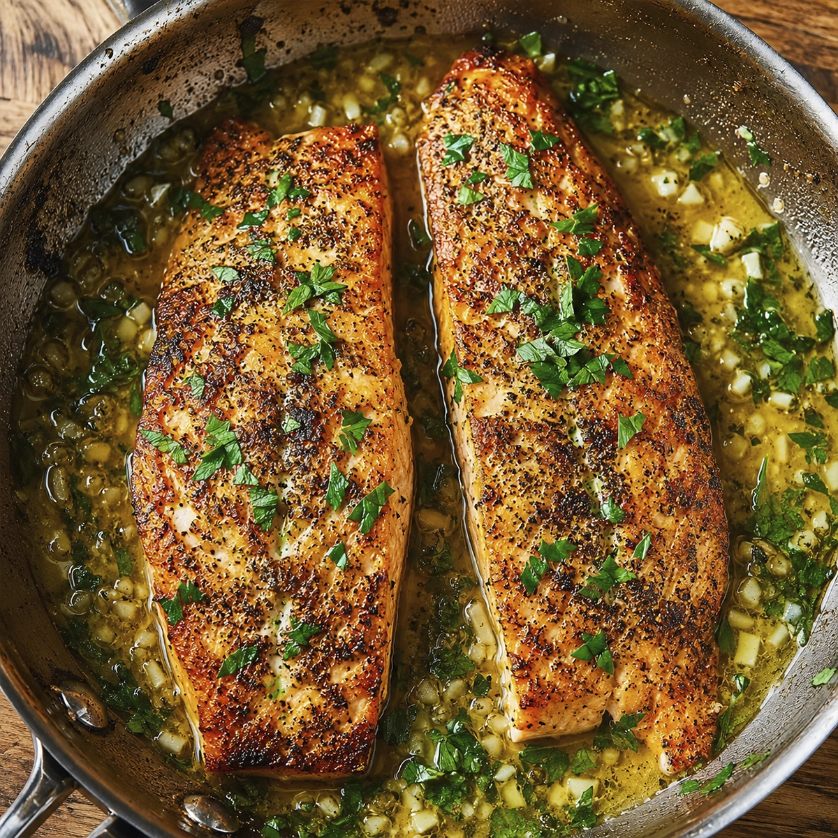 Golden pan-seared salmon fillets cooked in garlic butter sauce with fresh parsley in a rustic skillet.