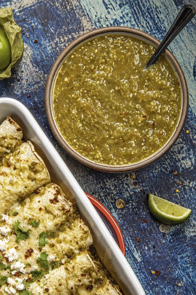 Homemade roasted tomatillo salsa verde in a rustic bowl beside cheesy chicken enchiladas, fresh lime, and cilantro.