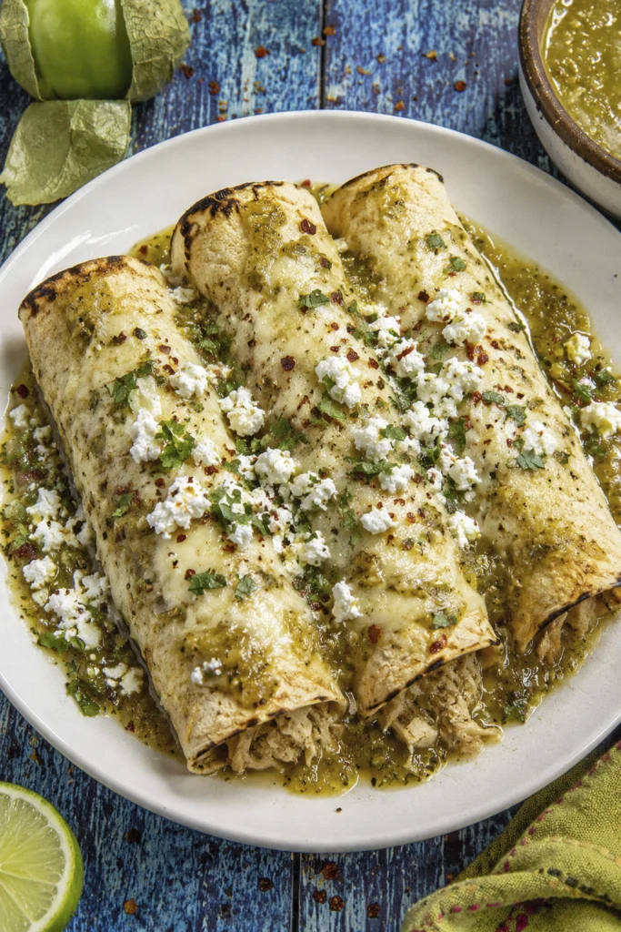 Salsa verde chicken enchiladas topped with melted cheese, queso fresco, cilantro, and red pepper flakes on a rustic plate.