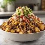 Loaded taco potato bowl with crispy roasted potatoes, seasoned ground beef, cheddar cheese, corn, guacamole, pico de gallo, and creamy chipotle sauce.