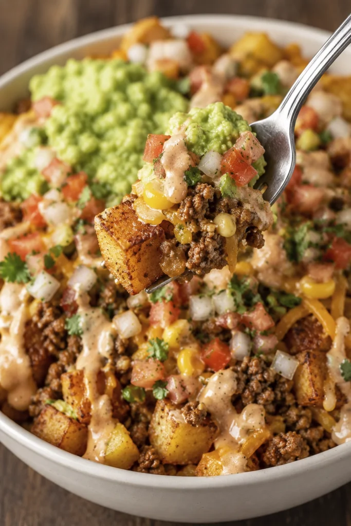 Loaded taco potato bowl with crispy roasted potatoes, seasoned ground beef, guacamole, corn, pico de gallo, cheddar cheese, and creamy chipotle sauce on a fork.