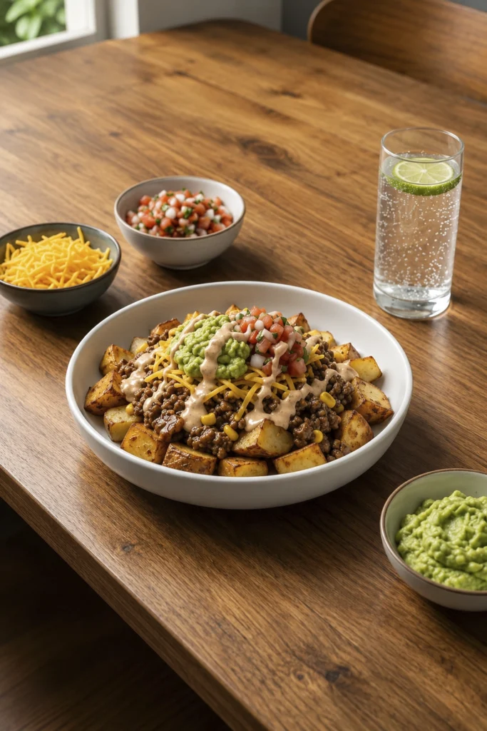 Loaded taco potato bowl with crispy potatoes, ground beef, guacamole, cheddar, corn, pico de gallo, and chipotle sauce served with fresh toppings and lime water.