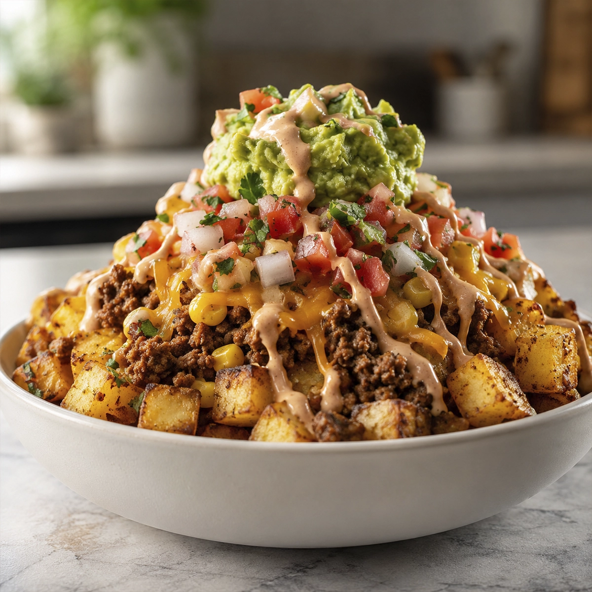 Loaded taco potato bowl with crispy roasted potatoes, seasoned ground beef, cheddar cheese, corn, guacamole, pico de gallo, and creamy chipotle sauce.