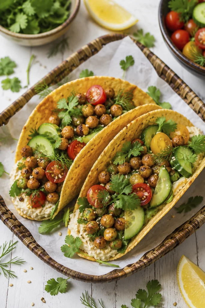 Two Middle Eastern Salad Tacos filled with hummus, roasted chickpeas, fresh greens, cucumbers, cherry tomatoes, herbs, and sesame seeds on a rustic serving tray.