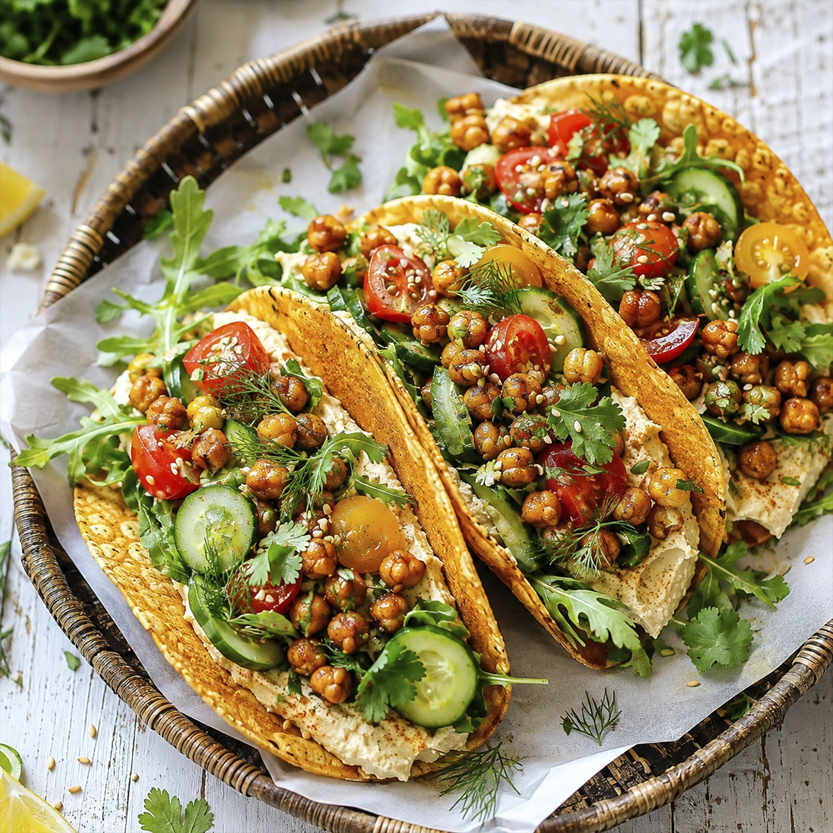 Middle Eastern Salad Tacos filled with spiced chickpeas, hummus, fresh cucumbers, cherry tomatoes, herbs, and sesame seeds on a rustic serving tray.