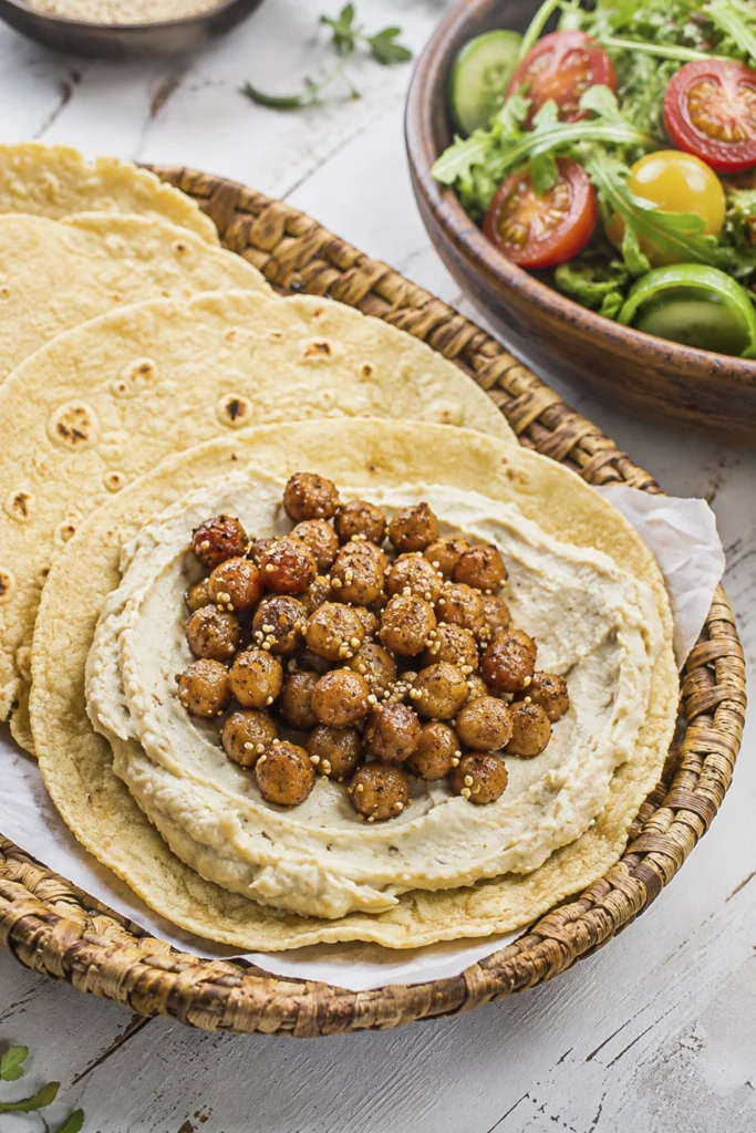 Middle Eastern Salad Taco being assembled with creamy hummus, roasted spiced chickpeas, and toasted sesame seeds on a warm tortilla.