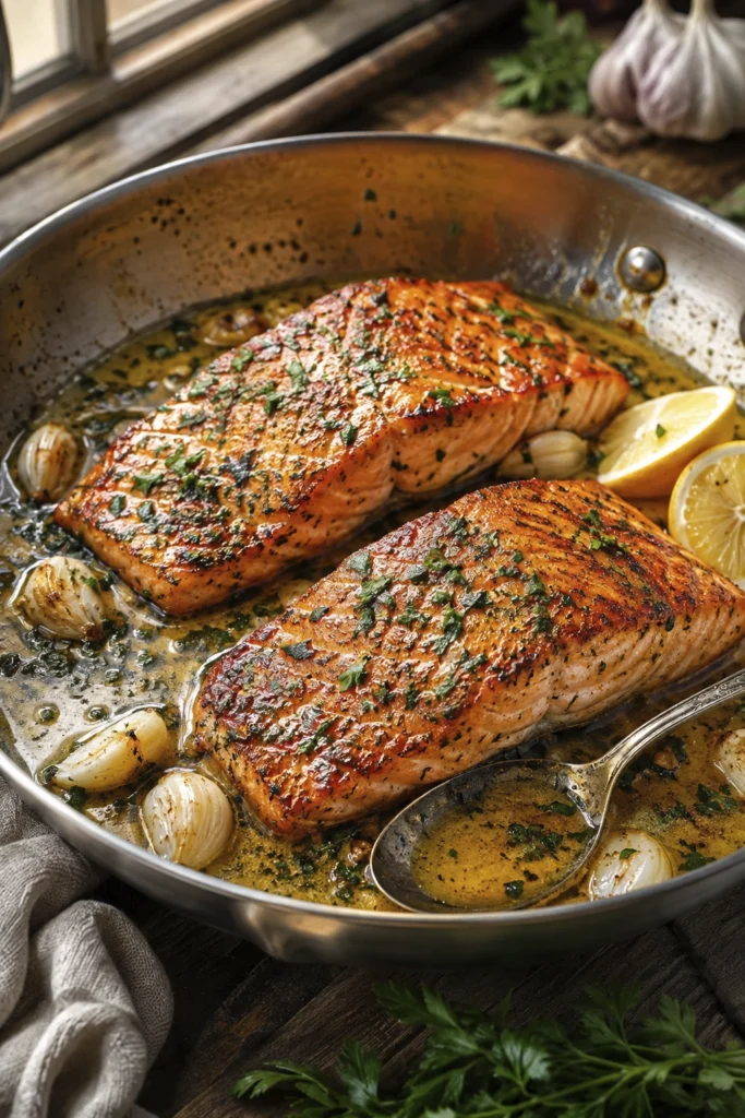 Golden pan-seared salmon fillets cooked in creamy garlic butter sauce and garnished with fresh parsley in a rustic skillet.