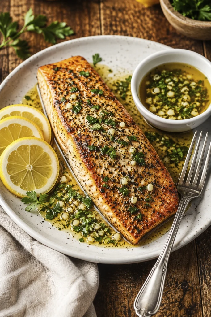 Pan-seared salmon fillets in garlic butter sauce with fresh parsley served in a rustic skillet.