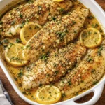 Golden baked white fish fillets in garlic butter lemon sauce with fresh parsley, herbs, and lemon slices served in a white baking dish.