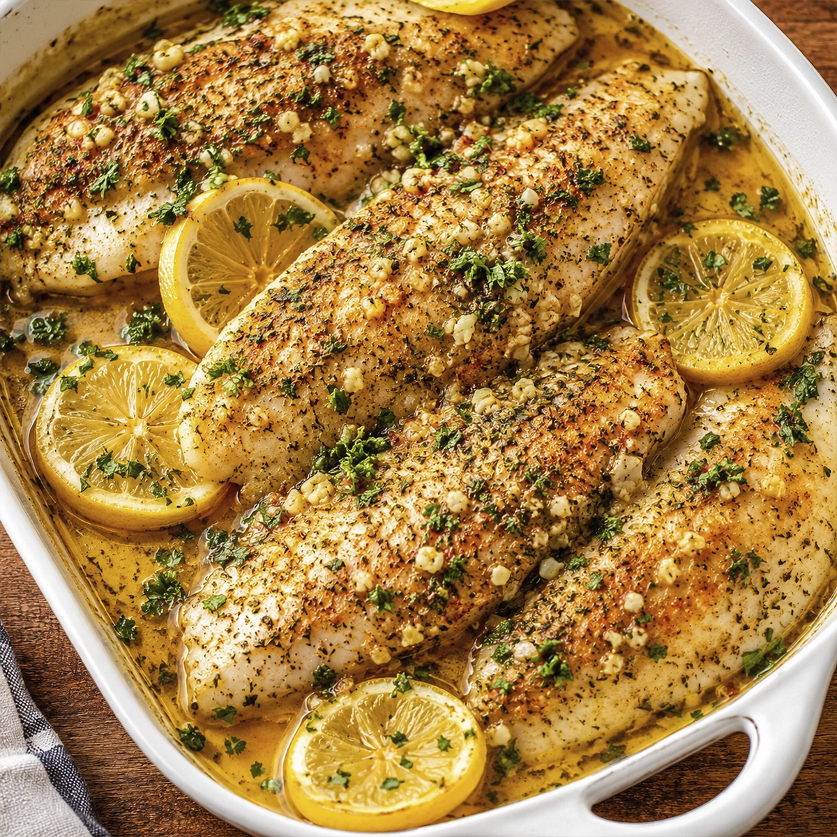 Golden baked white fish fillets in garlic butter lemon sauce with fresh parsley, herbs, and lemon slices served in a white baking dish.