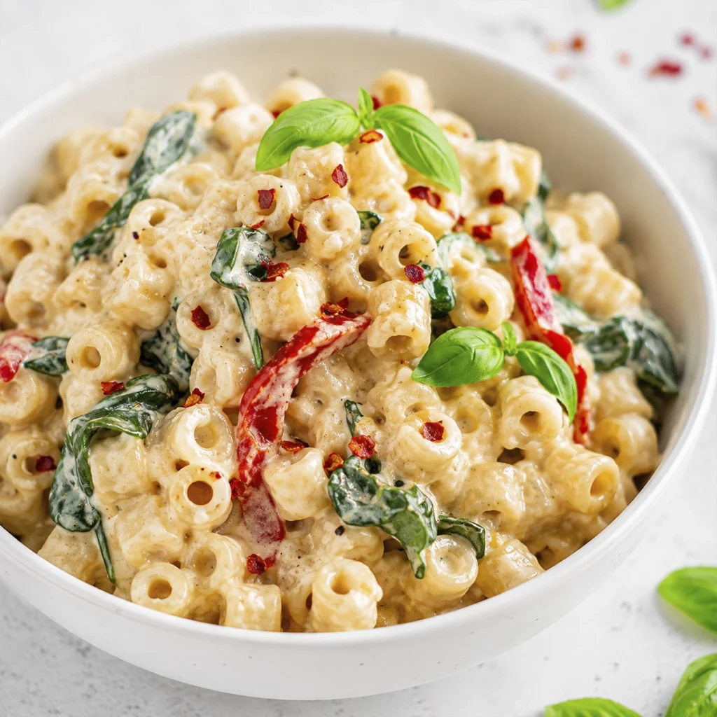 Creamy ditalini pasta in parmesan sauce with spinach, roasted red peppers, basil, and red pepper flakes served in a white bowl.