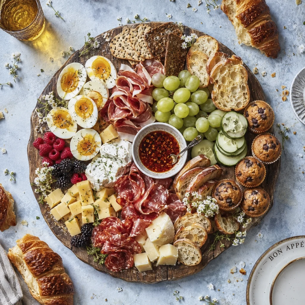 Overhead brunch grazing board with boiled eggs, prosciutto, cheese, fresh berries, grapes, cucumber, muffins, bread, crackers, and chili oil.
