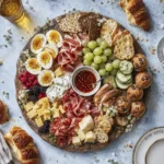 Overhead brunch grazing board with boiled eggs, prosciutto, cheese, fresh berries, grapes, cucumber, muffins, bread, crackers, and chili oil.