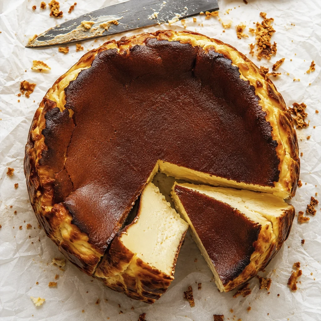 Basque burnt cheesecake with a caramelized brown top and creamy sliced center on parchment paper.