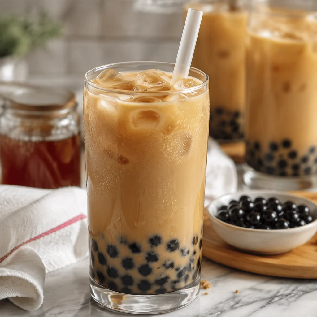 Homemade brown sugar milk tea with black tapioca boba pearls in a tall glass on a bright kitchen counter.