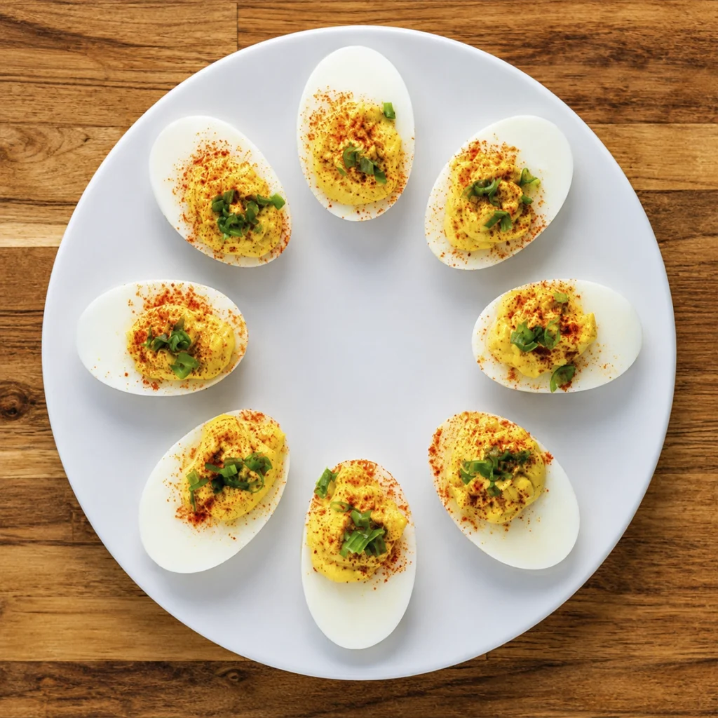 Homemade deviled eggs with creamy yolk filling, paprika, and green onions arranged on a white plate over a rustic wooden table.