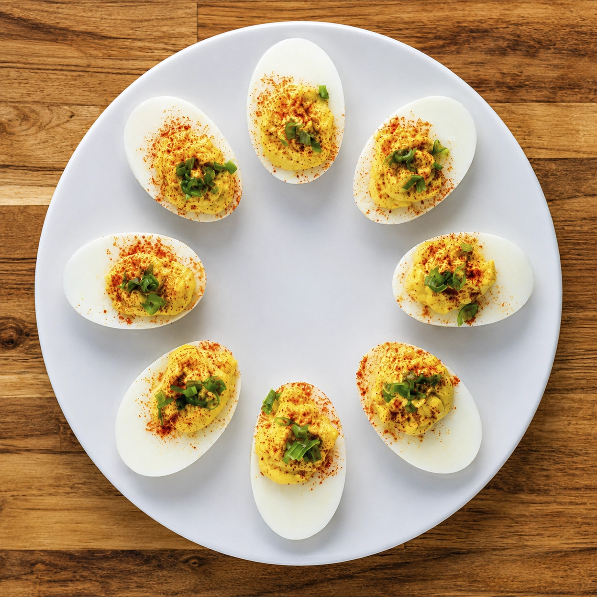Homemade deviled eggs with creamy yolk filling, paprika, and green onions arranged on a white plate over a rustic wooden table.