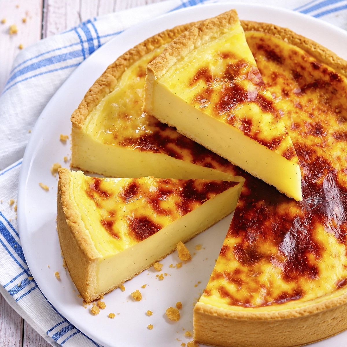 Creamy French custard tart with caramelized golden top, crisp pastry crust, and thick vanilla custard slices on a white plate.