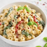 Creamy ditalini pasta in parmesan sauce with spinach, roasted red peppers, basil, and red pepper flakes served in a white bowl.